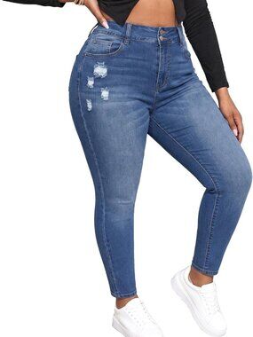 Plus Size High Waisted Ripped Skinny Jeans for Women - Stretchy Denim Fit